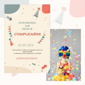 Fiesta de cumpleaños con invitación y payaso con confeti y disfraces coloridos en fondo gris.