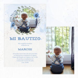 Bautizo infantil de niño mirando por la ventana en invitación en tonos azules y blancos.