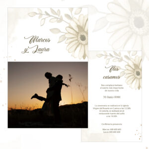 Novios bailando al atardecer en boda romántica en Cuenca, invitación de matrimonio en estilo floral y elegante.