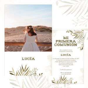 Hija en vestido de comunión en playa al atardecer, invitación moderna para primera comunión.