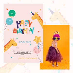 Fiesta de cumpleaños infantil con tema de unicornios y globos, invitación colorida y divertida para niños.