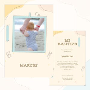 Niño en brazos en la playa, invitación de bautizo, ceremonia en iglesia Virgen del Rosario.