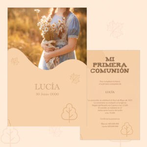 Niña con vestido y ramo de flores en campo al atardecer, invitación para primera comunión.