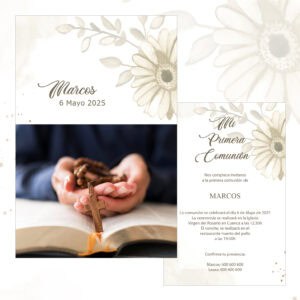 1. Invitación primera comunión Marcos Mayo 2025 con flores y Biblia en fondo cálido.