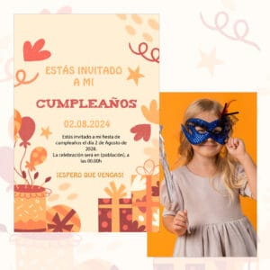 Esquina de invitación de cumpleaños infantil con niña con máscara y regalo, estilo divertido y festivo.