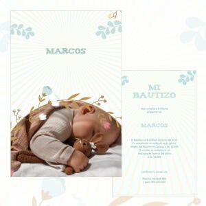 1. Niño durmiendo con peluche en invitación de bautizo de Marcos.