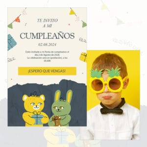 Invitación de cumpleaños infantil con gráfico de animales y temática tropical.