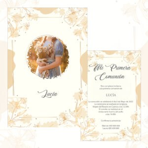 Boda de primera comunión con invitación floral en estilo vintage, para Lucía.