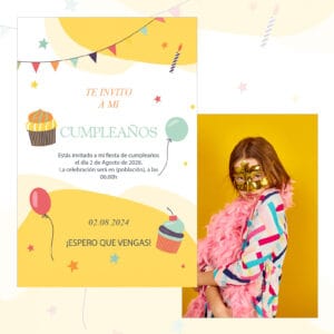 Celebración de cumpleaños infantil con invitación colorida y divertida para niños, fiesta con pastel, globos y disfraces.