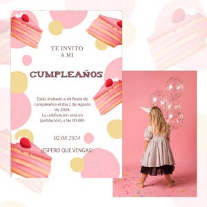 Fiesta de cumpleaños infantil con pastel y niño con gorro de fiesta en decoraciones rosas.