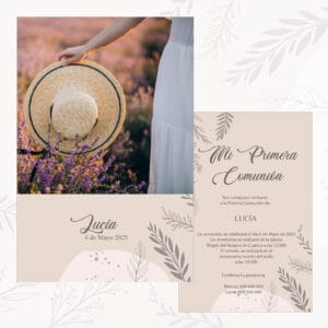 1. Invitación para primera comunión con diseño floral y fotografía de campo en tonos neutros.