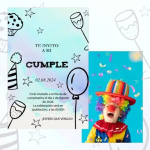 Divertido cartel de invitación a fiesta de cumpleaños con tema de payaso y colores vibrantes.