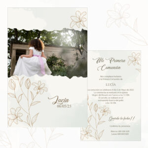 1. Invitación de Primera Comunión con diseño floral en tonos beige y detalles delicados.