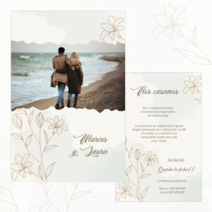 Amor en la playa, invitación de boda romántica, floral y elegante en tonos suaves.
