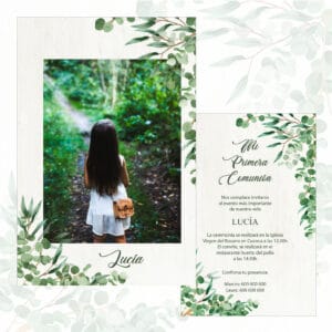 1. Primera comunión invitación con imagen de niña en bosque y detalles verdes.