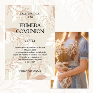 Cita de Primera Comunión con mujer sosteniendo ramo de flores en campo al atardecer.