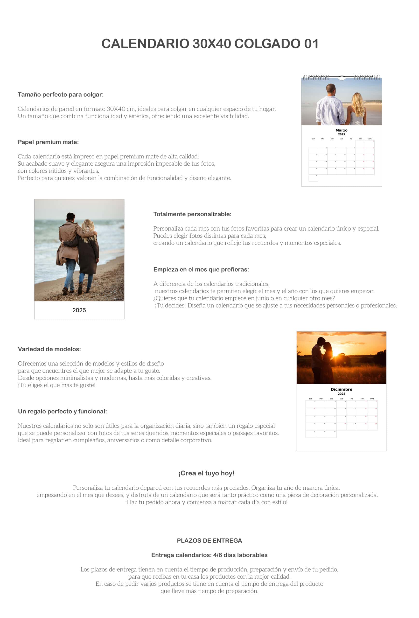 1. Calendario personalizado de pared 30x40cm con fotos y diseño exclusivo para un regalo único.