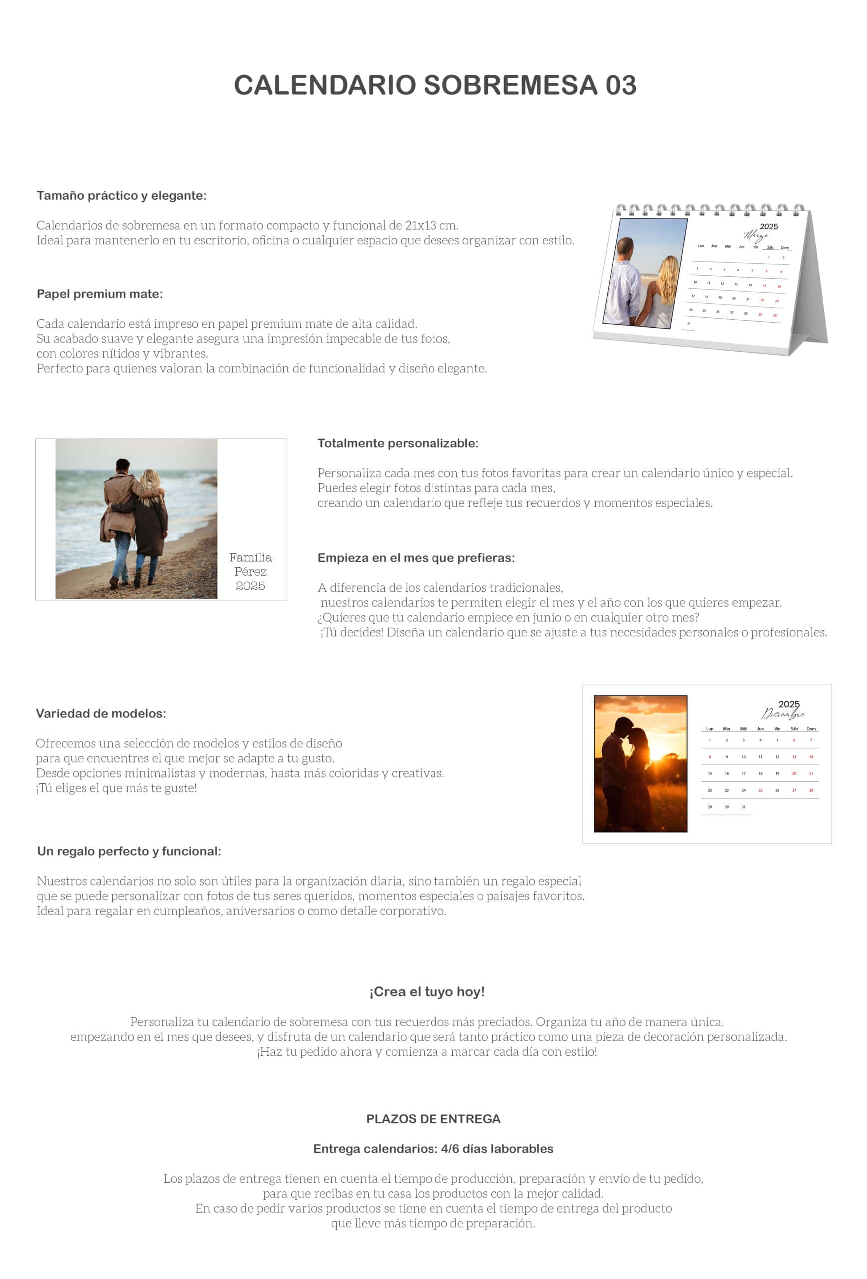 Calendario sobremesa personalizado con fotos, ideal para regalos y organización.