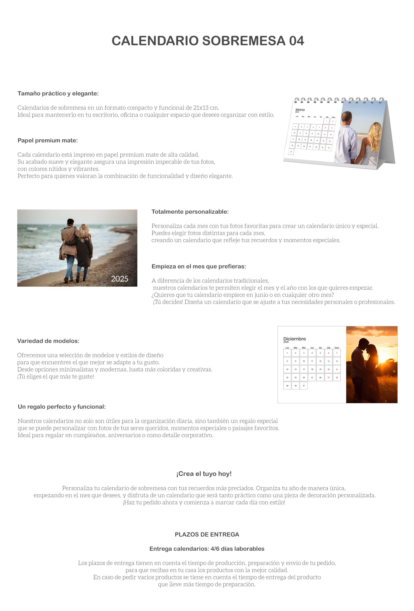 Calendario de sobremesa personalizado con fotos y estilo, ideal para regalos o organización en oficina.