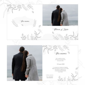 Boda en la playa con pareja con fondo de mar y cielo nublado, invitación de boda con diseño floral elegante.