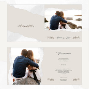 Amor en la playa, pareja sentada en roca, evento de matrimonio, invitación de boda romántica, fotos de enlace.