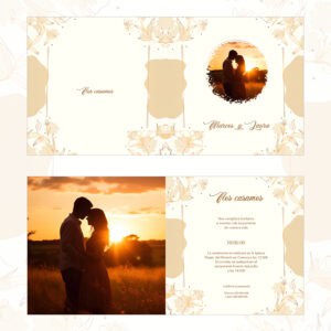1. Pareja enamorada en puesta de sol, invitación de boda romántica.
