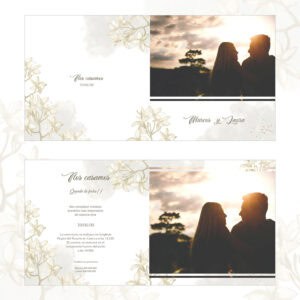 Boda romántica con pareja en atardecer, invitación de matrimonio, detalles nupciales.