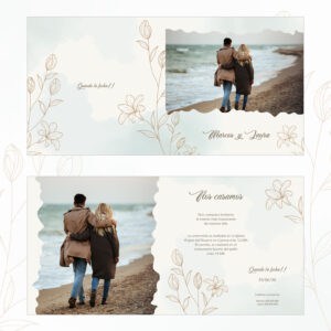 Boda en la playa con pareja caminando por la orilla del mar al atardecer.