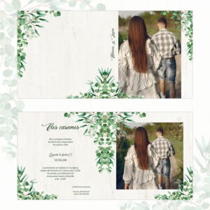Boda romántica con invitaciones de estilo natural y detalles verdes.