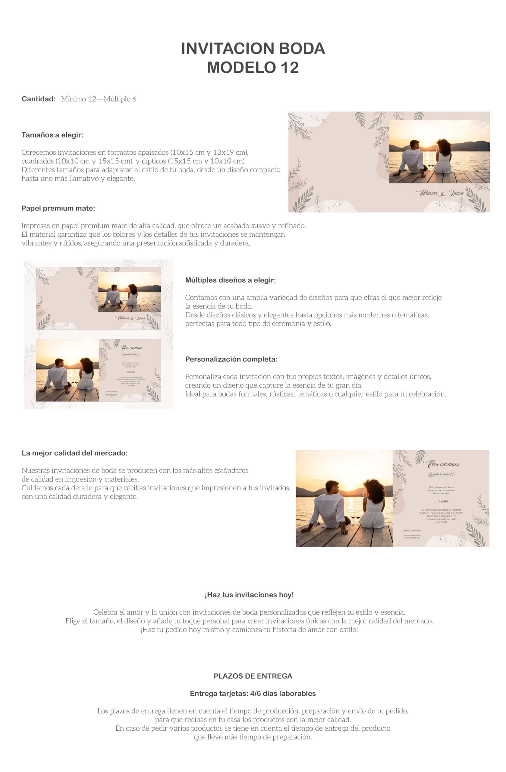 Boda romántica con pareja en atardecer, invitaciones personalizadas en papel premium mate para bodas elegantes.