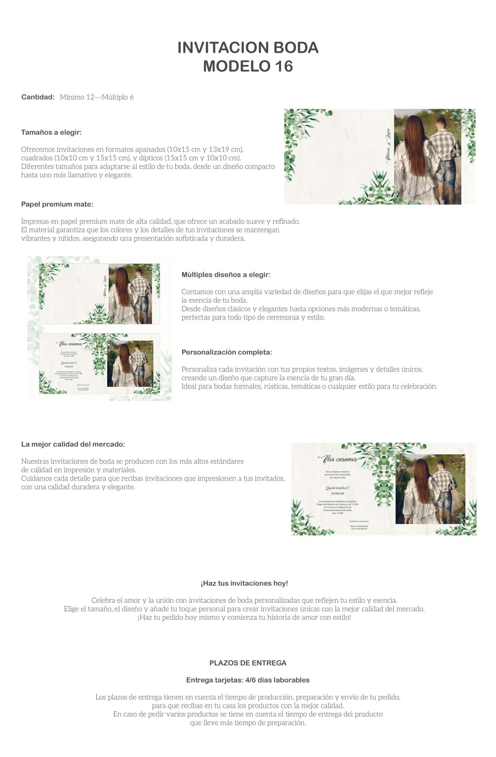 Invitación boda estilo natural con detalles verdes y fotografía de pareja.