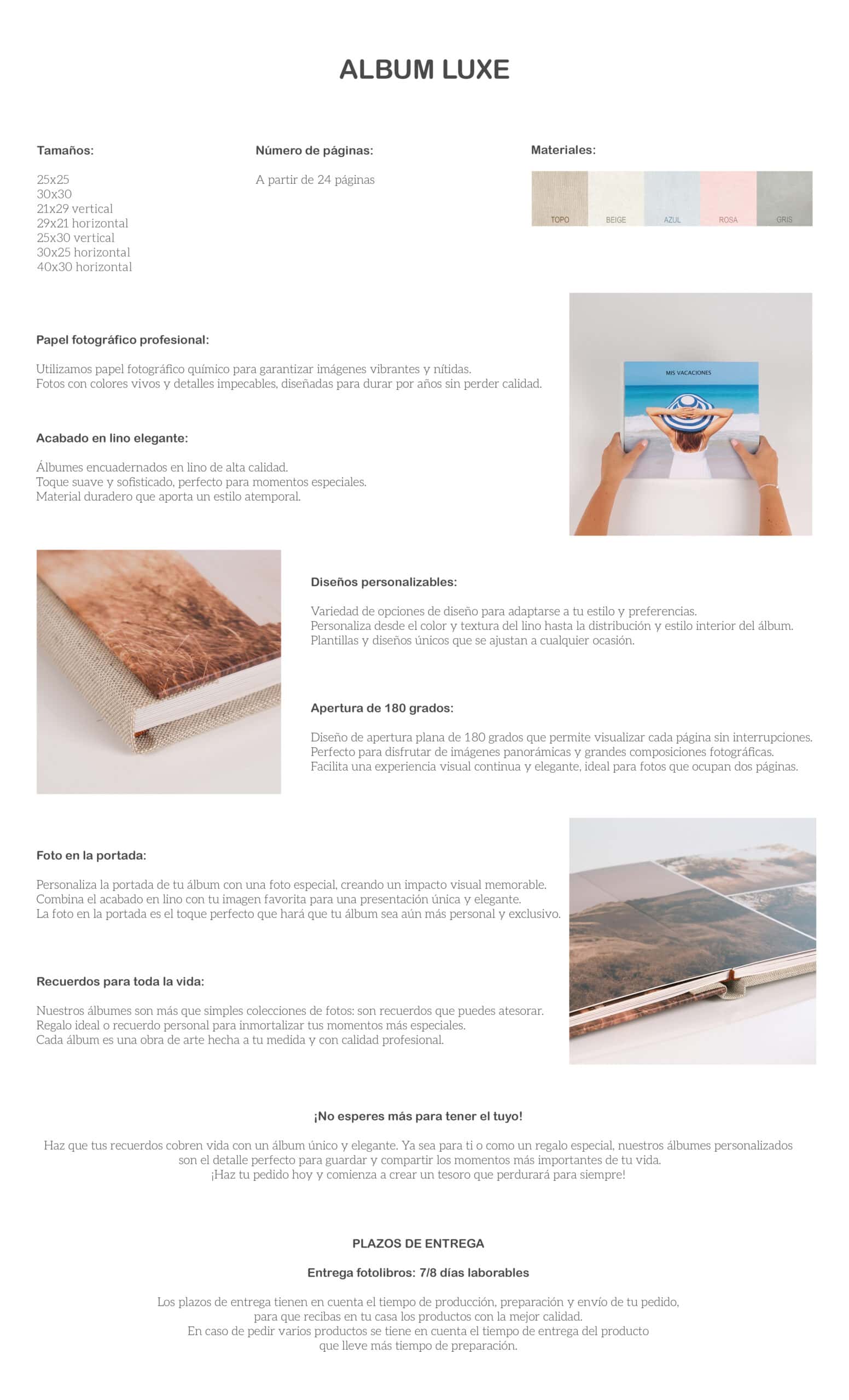 Impresión de álbum de fotos personalizable con acabado en lino y apertura de 180 grados.