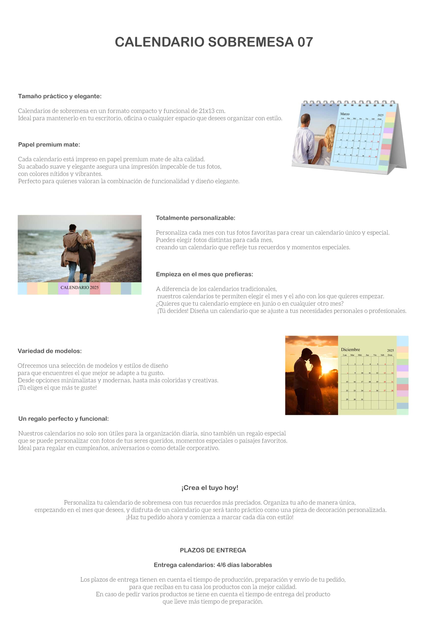 Calendario personalizado con fotos, tamaño compacto, ideal para oficinas y regalos.