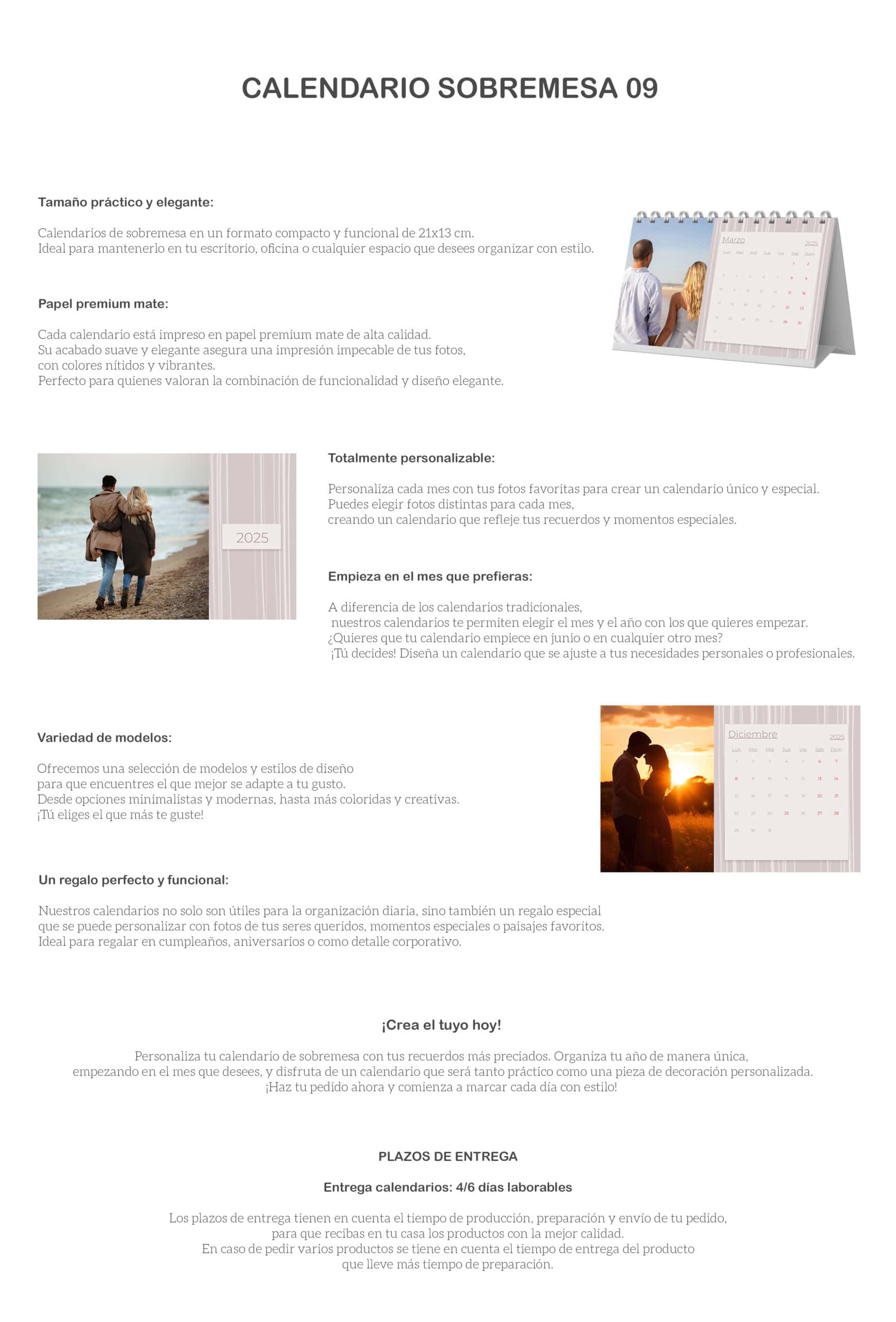 Calendarios de sobremesa personalizados con fotos, ideales para oficina o regalo especial.