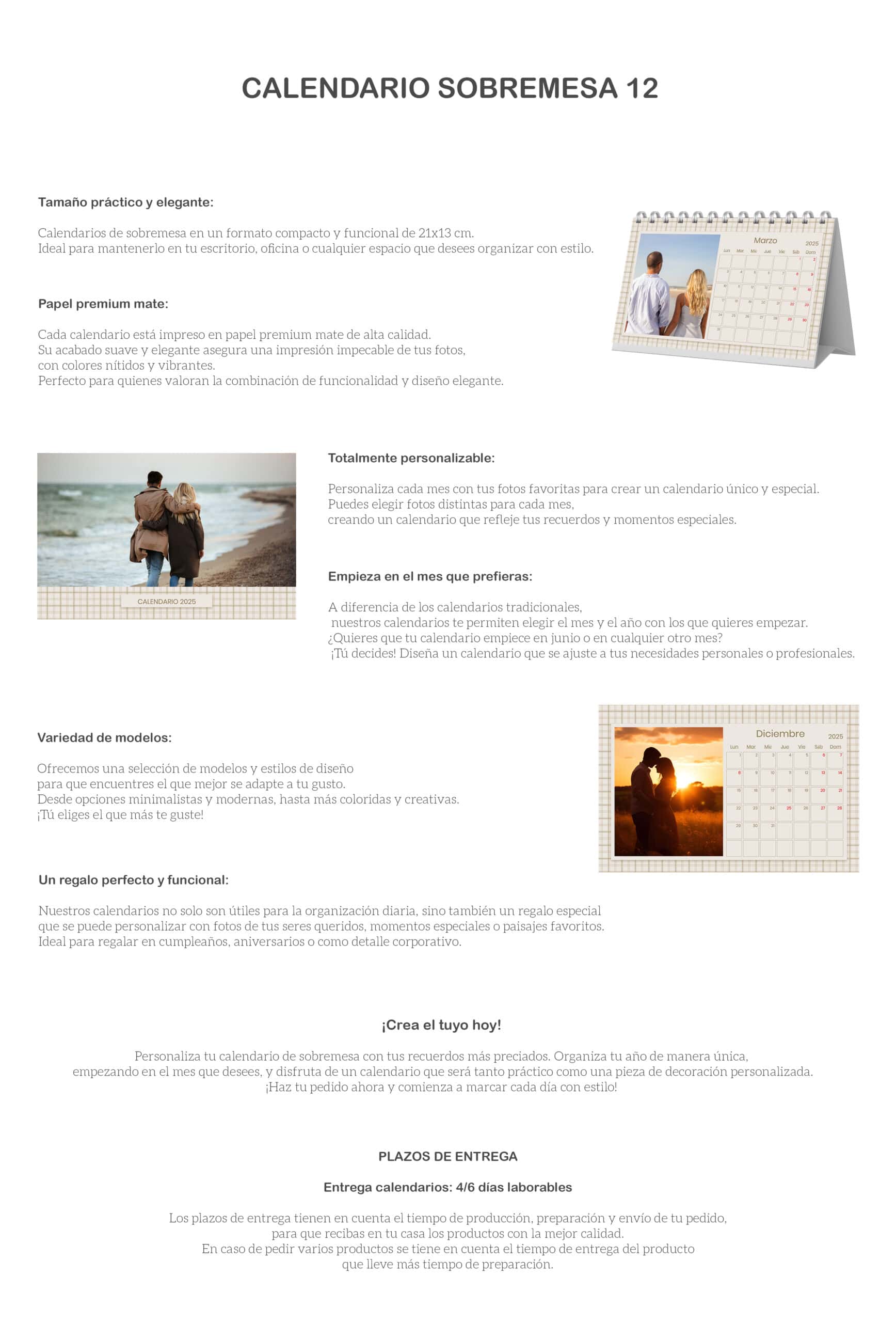 Calendario sobremesa personalizado con fotos y diseño moderno para organización eficaz.