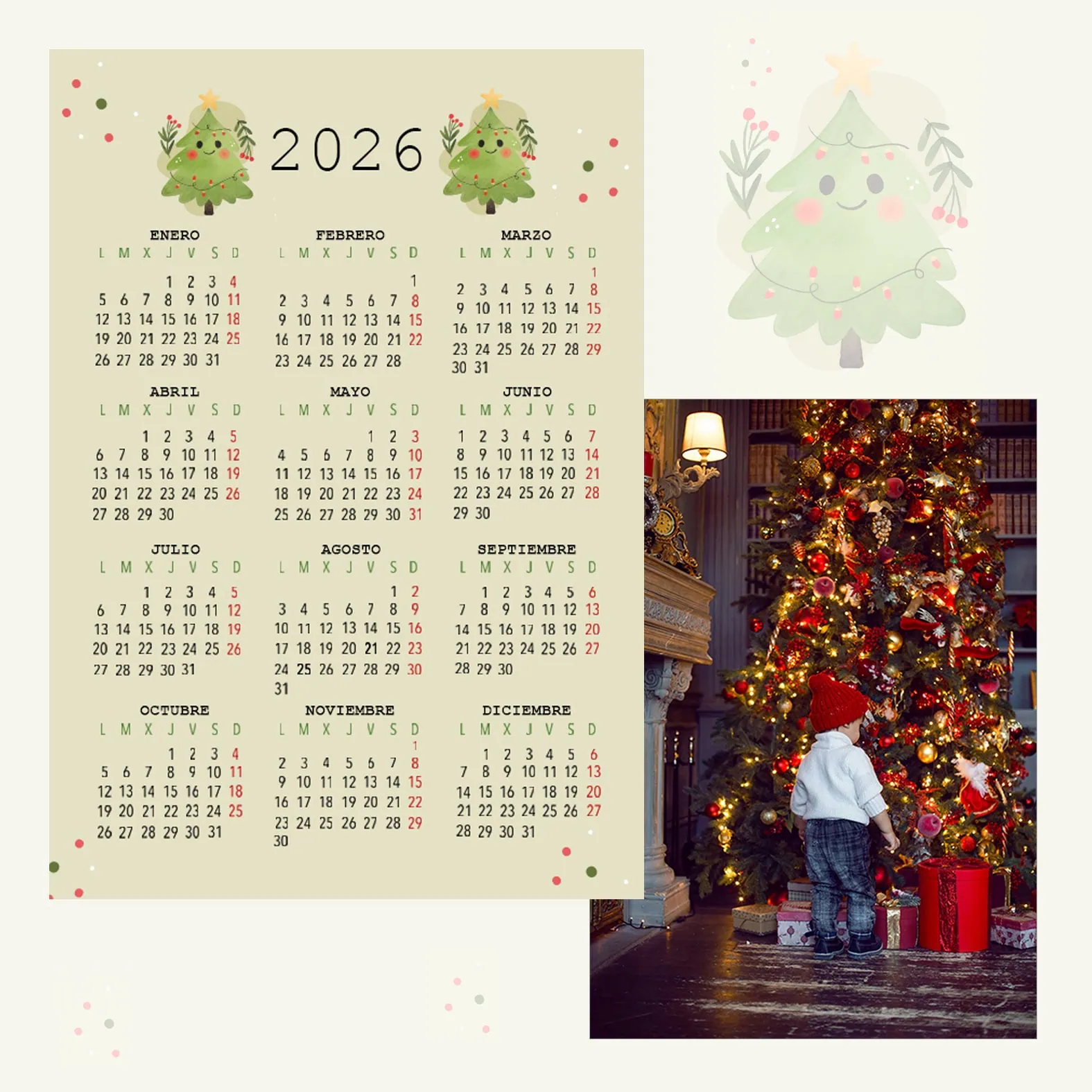 Arbol de Navidad con luces y decoraciones, momento familiar en 2026.