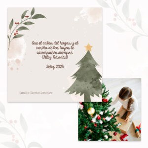 1. Tarjeta navideña con árbol y mensaje familiar para Navidad 2025.