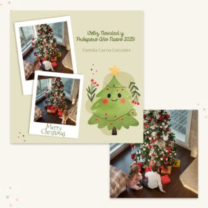 Brillante árbol de Navidad con niños decorando en interior navideño, celebración familiar de Año Nuevo 2025.