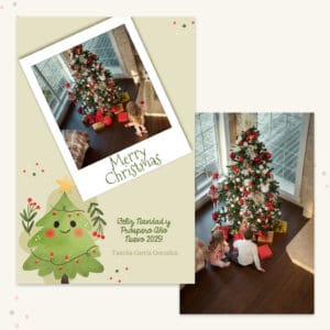 Árbol de Navidad decorado con bolas rojas y blancas, con regalos debajo.