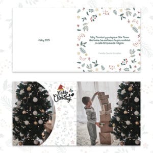 Árbol de Navidad decorado con bolas blancas y doradas en un ambiente festivo, ideal para tarjetas navideñas y contenido de temporada.