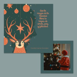 Letras navideñas, ilustración de cervatillo y mensaje de Navidad, ideal para tarjetas y postales.