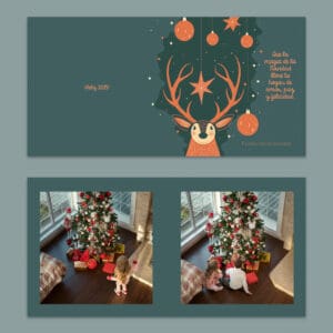 Estrella de Navidad con reno y adornos colgantes, tarjeta de felicitación navideña.