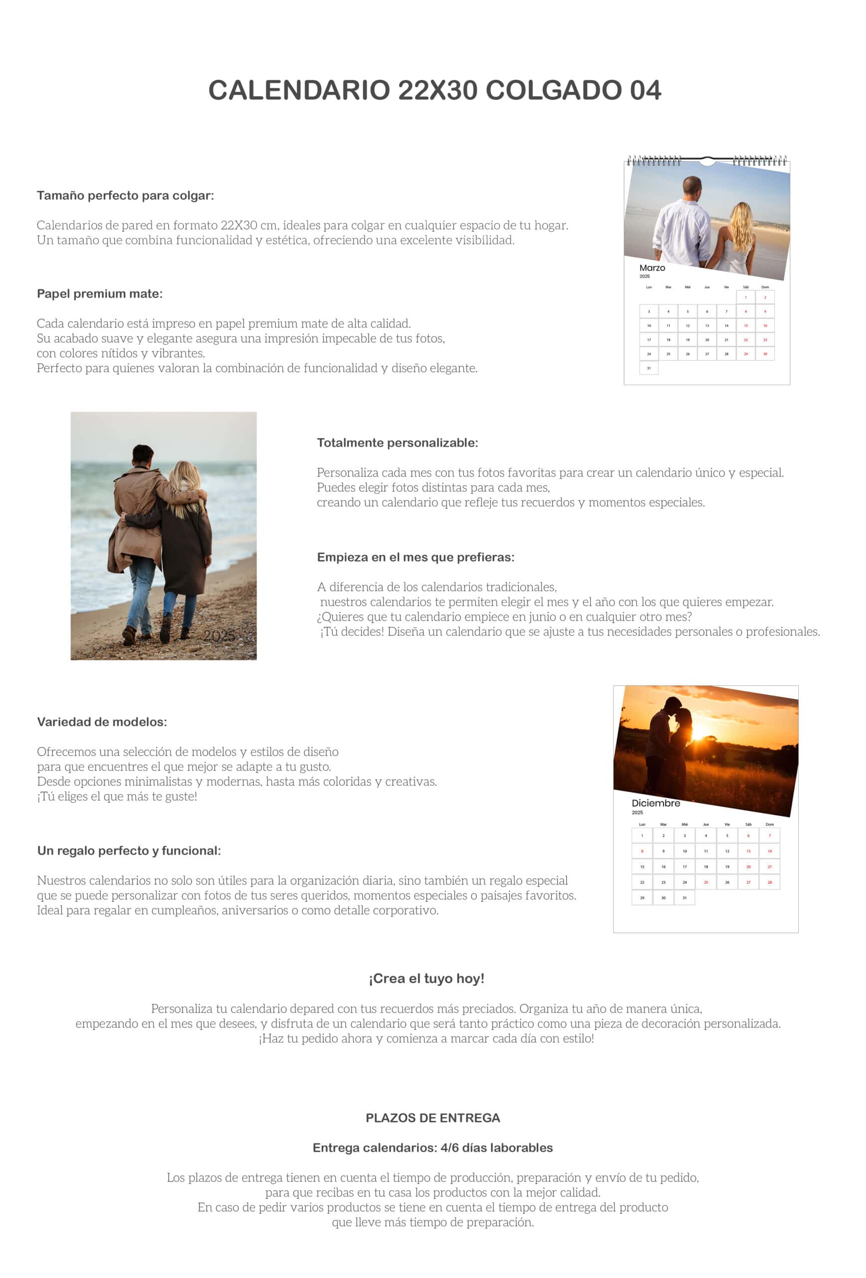 1. Calendario personalizado de pared con fotos, ideal para regalos y organización familiar o profesional.