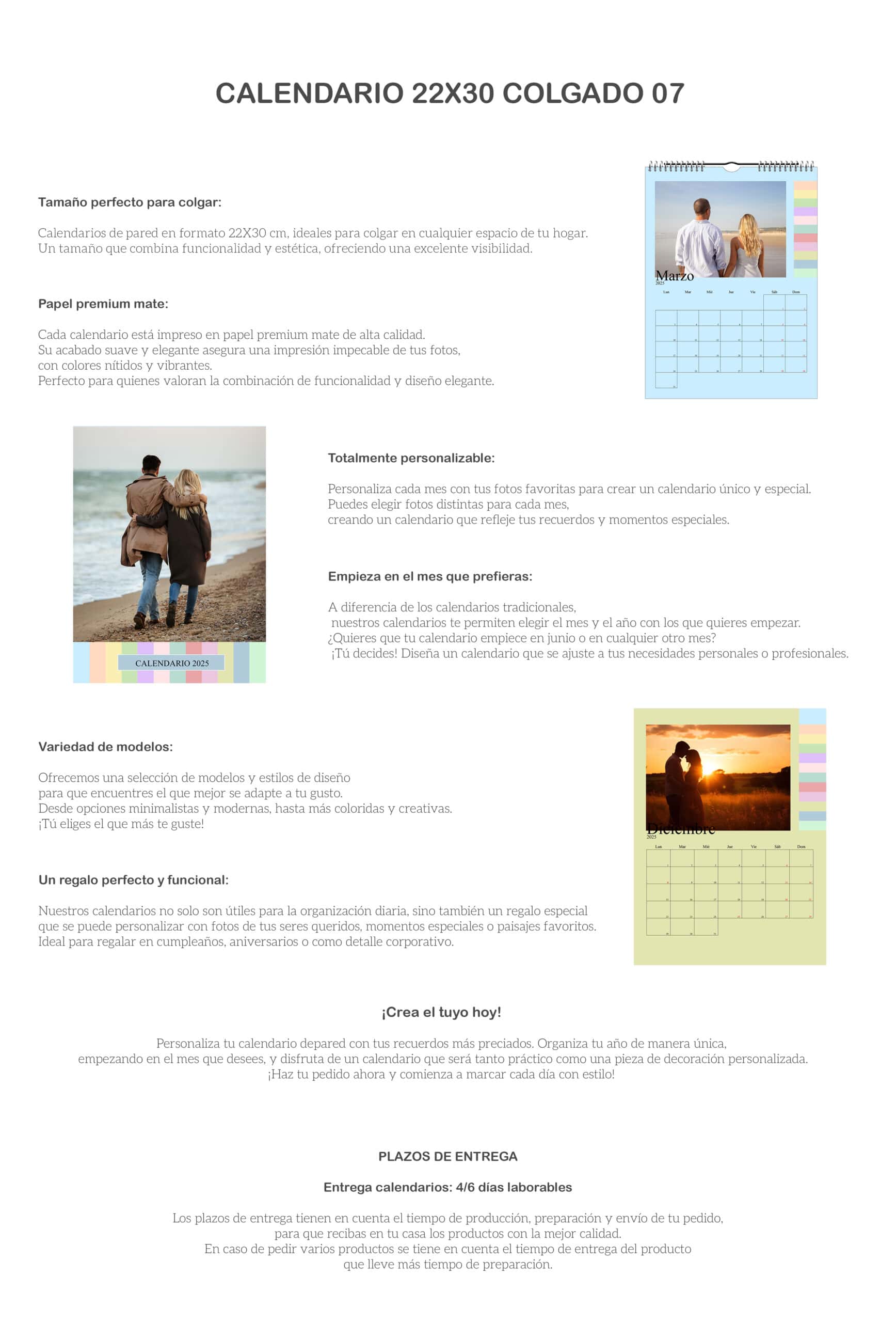 Calendario personalizado con fotos y diseño moderno, ideal para organizar tu año de forma única.