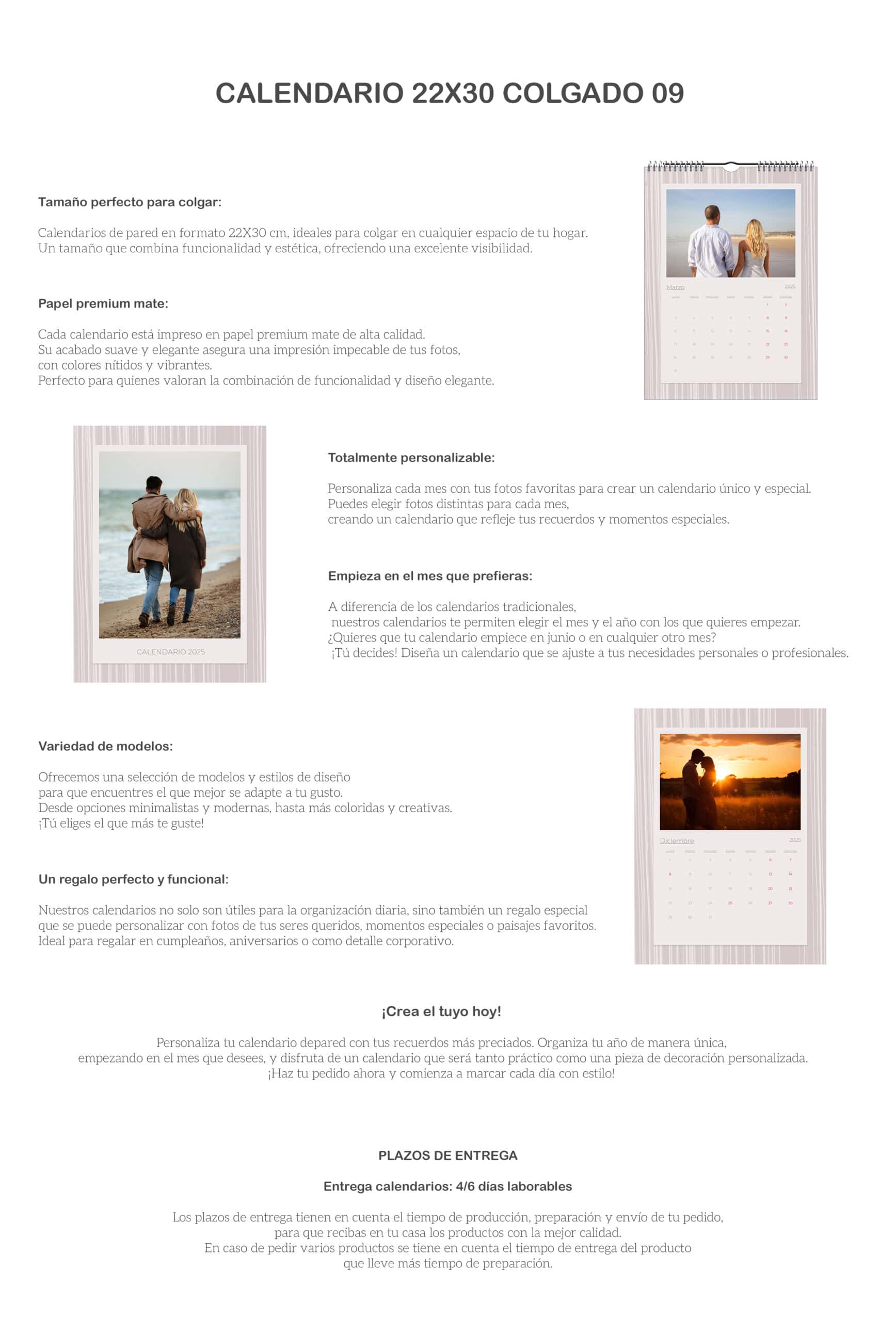 Calendario personalizado con fotos y diseños innovadores para pared en formato 22x30 cm.