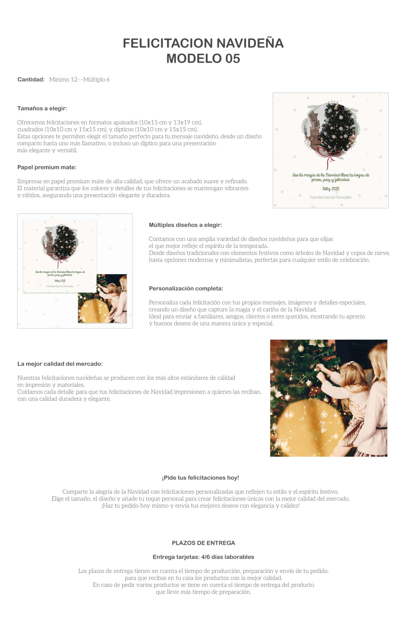 Decoración de Navidad, árbol de Navidad y tarjetas navideñas en estilo elegante y personalizado.