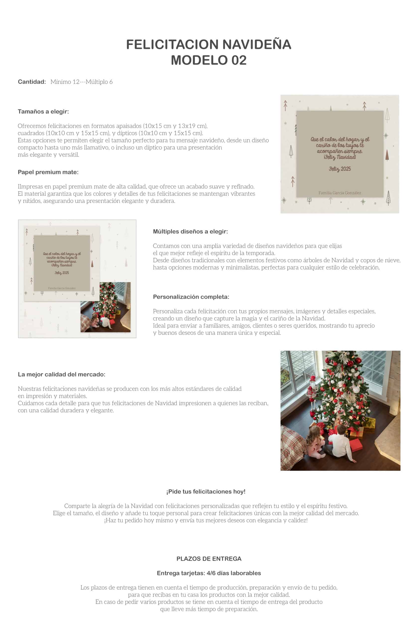 Tarjeta de felicitación navideña personalizada en papel premium mate con diseño elegante y detalles especiales.