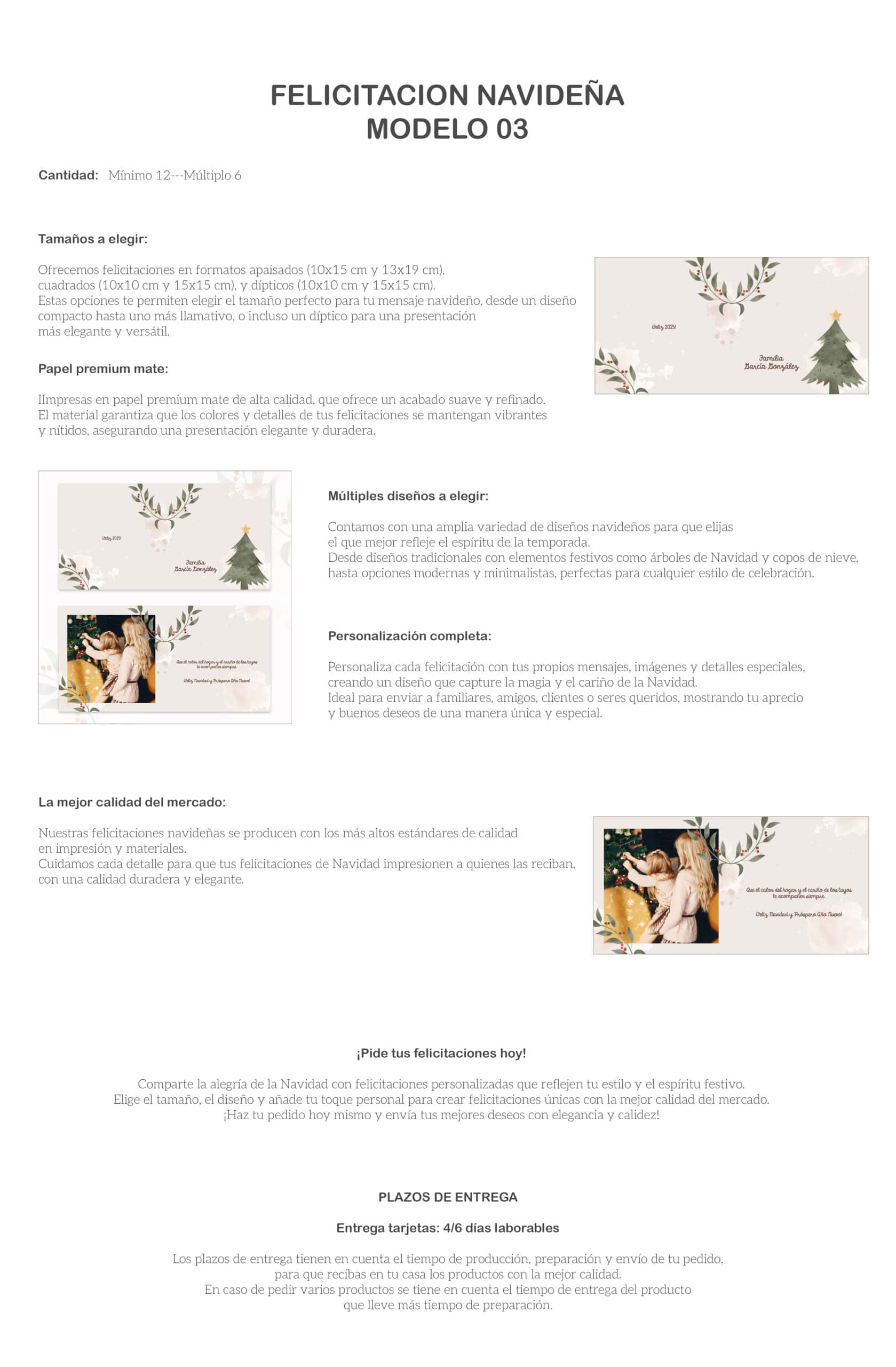 Tarjeta felicitación navideña personalizada con diseño de árbol y reno para Navidad.