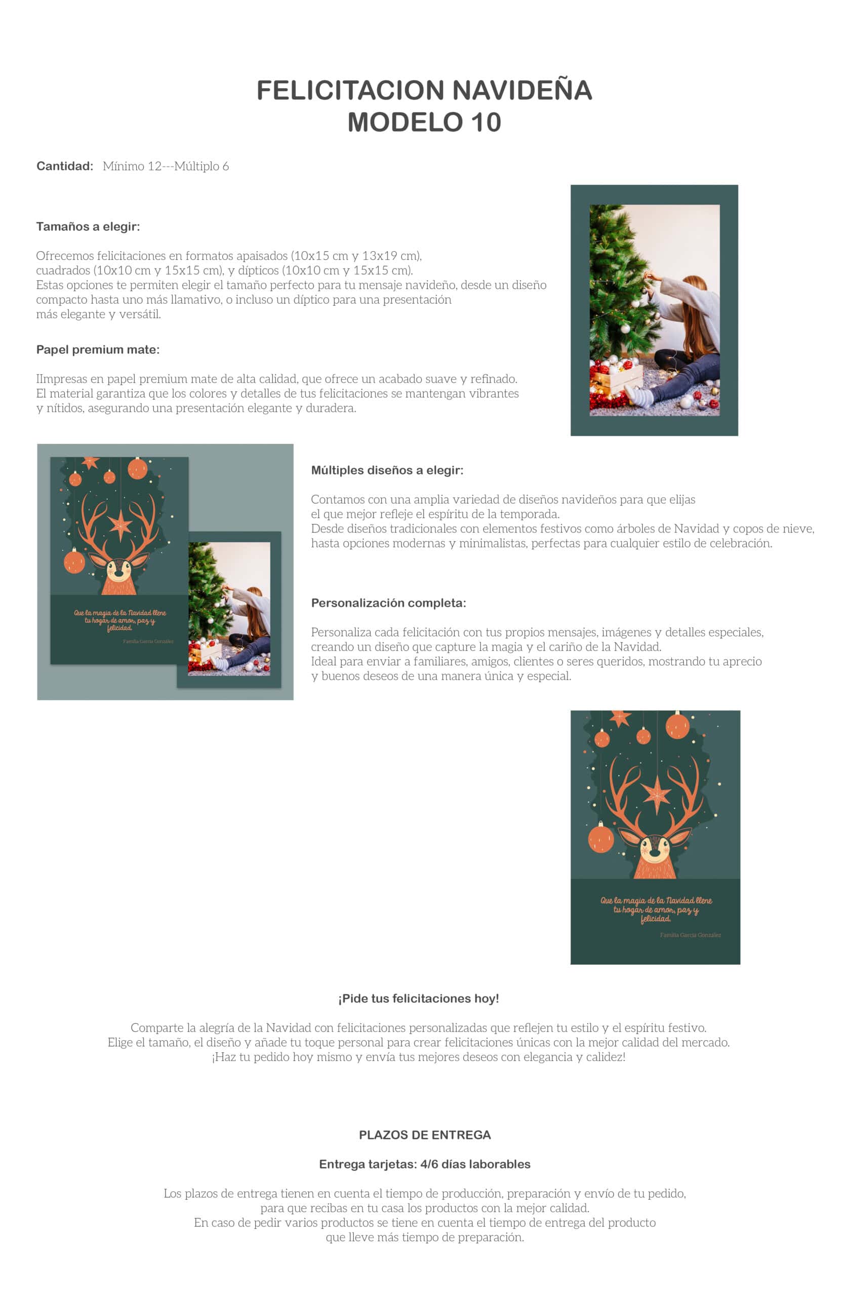Tarjeta felicitación Navidad personalizada con diseño de reno y árbol de Navidad, ideal para regalos festivos.