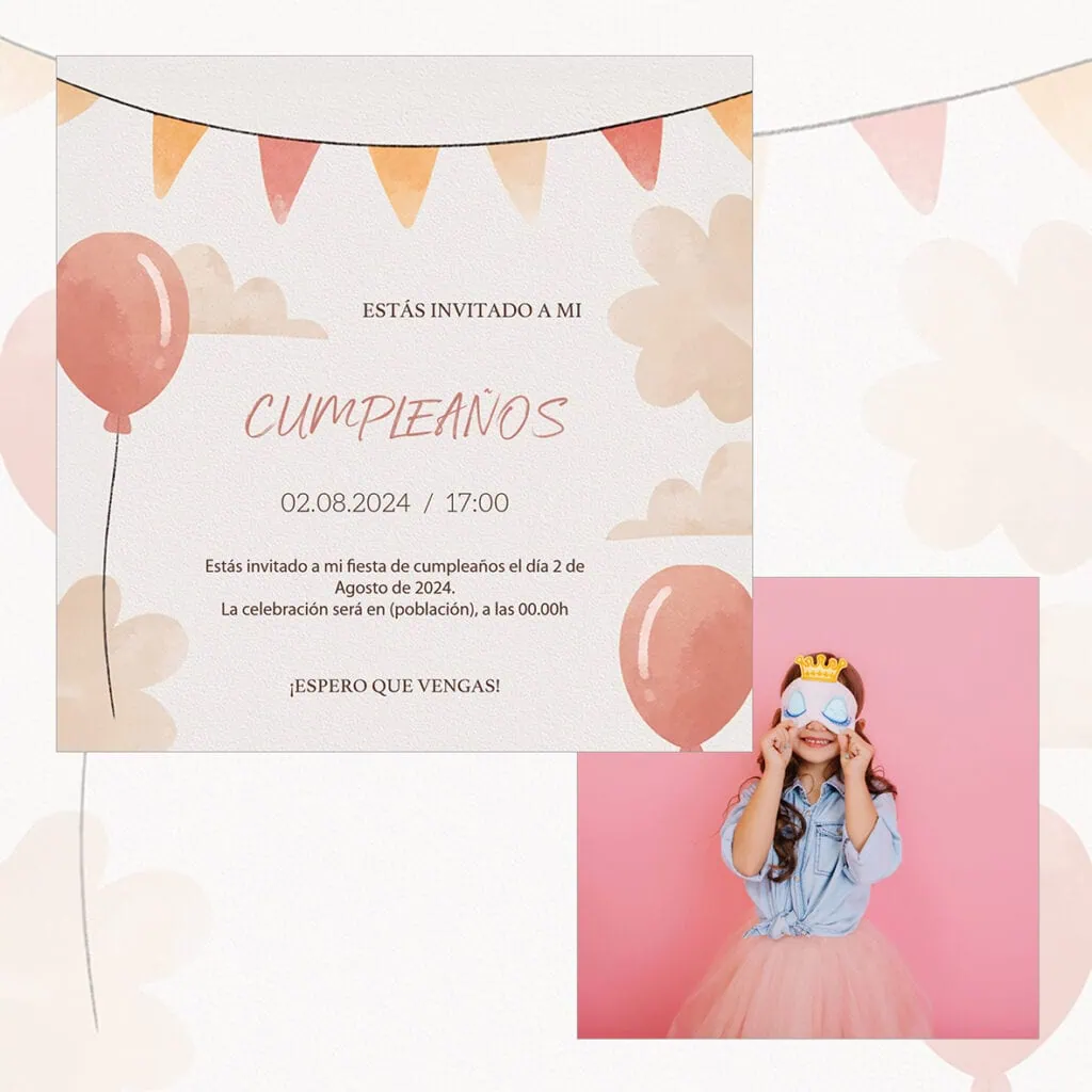 Fiesta de cumpleaños infantil con invitación y niña con máscara y corona en fondo rosa.
